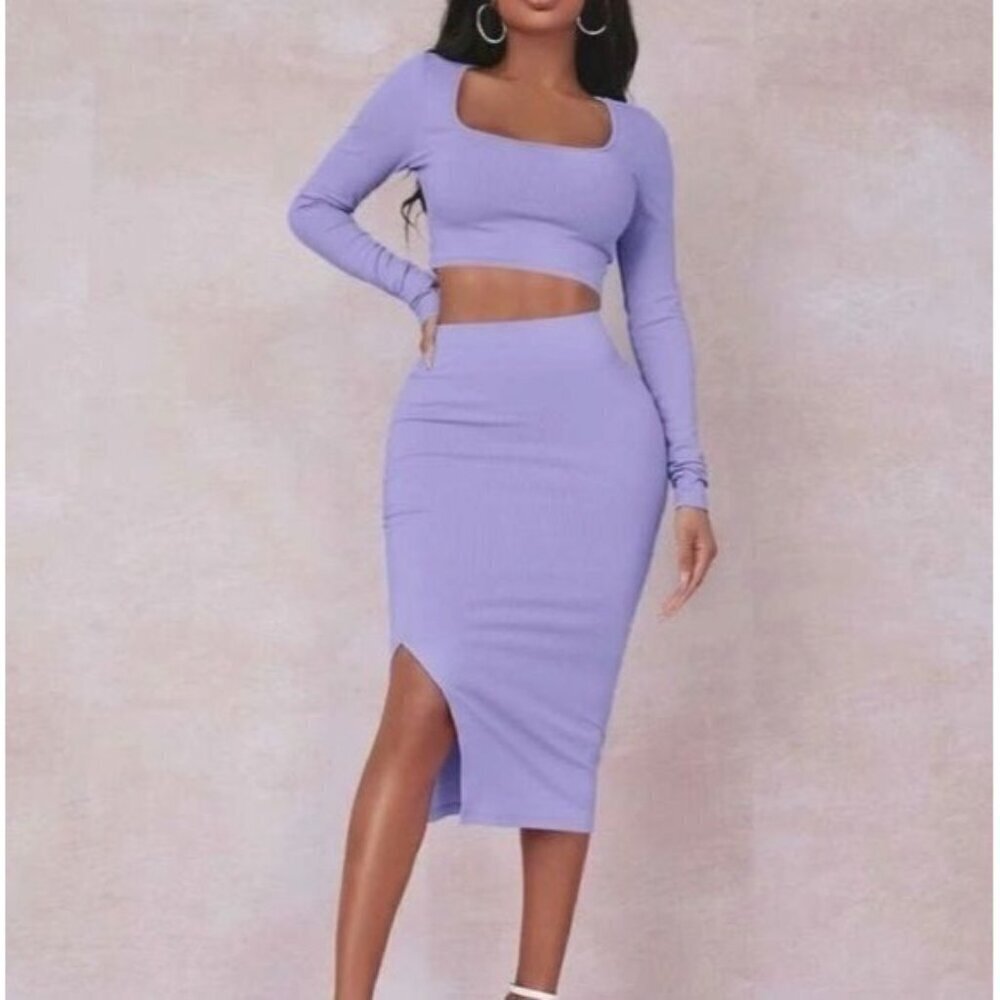 Sexy Solid Crop Tee & Split Thigh Skirt Set
